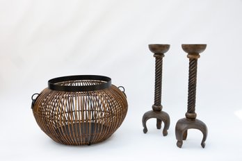 Open Work Bamboo Basket And Pair Pricket Sticks