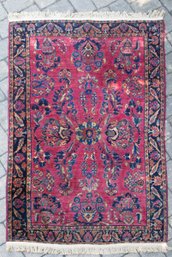 Red Ground And Cobalt Hand Knotted Area Rug