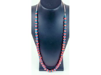 Vintage Native American Coral, Turquoise, Silver & Shell Necklace