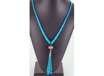 Vintage Native American Silver & Graduated Turquoise Bead Necklace W/ Tassels