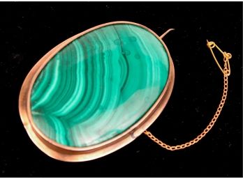 Large Antique 10k Yellow Gold Oval Malachite Brooch