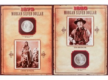 Two 'Uncirculated' Morgan Silver Dollars In Collector Panels (1879-S & 1880)