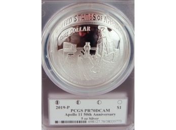 2019 Apollo 11 50th Anniversary 5 Troy Ounce Concave 999 Silver Coin- PCGS PR70DCAM, Box & COAs