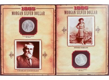 Two 'Uncirculated' Morgan Silver Dollars In Collector Panels (1885-O & 1886)