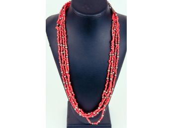 Vintage Native American 4-Strand Coral & Silver Bead Necklace