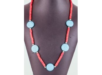 Vintage Native American Coral, Turquoise & Silver Bead Necklace