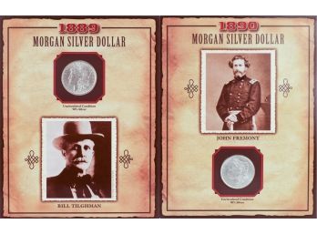 Two 'Uncirculated' Morgan Silver Dollars In Collector Panels (1889 & 1890)