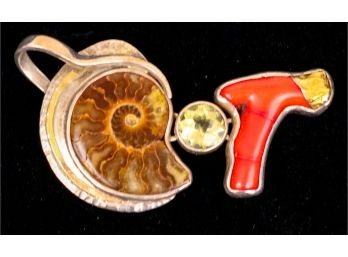Vintage Native American Silver, 18k Gold, Coral, Fossil Shell & Citrine Pendant- Signed!
