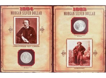 Two 'Uncirculated' Morgan Silver Dollars In Collector Panels (1883-O & 1884)