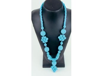 Vintage Beaded Turquoise Rope Necklace W/ Turquoise Bead Flowers