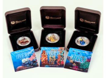 Three 1/2ozt Silver Proof 'australian Sea Life' Coins By Perth Mint- Seahorse, Surgeonfish, Moray Eel
