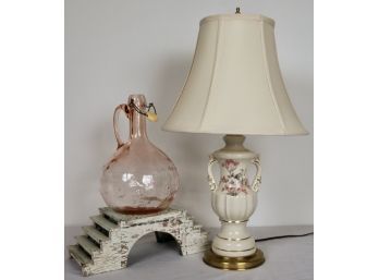 Painted Floral Porcelain Lamp & Pink Glass Whiskey Jug
