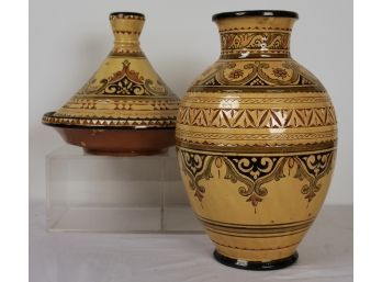 Pair Of Soussi Safi Hand Painted Terracotta Vessels