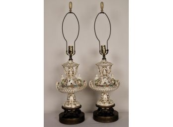 Pair Of Vintage Capodimonte Reticulated Table Lamps