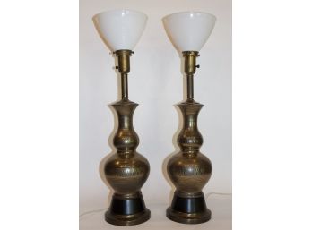 Pair Of Modernist Brass Niello-style Table Lamps W/ Milk Glass Shades