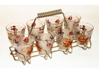 MCM Set Of 8 Libbey Glasses W/ Original Brass Caddy