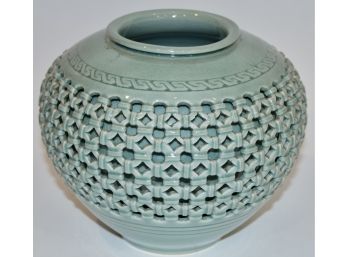 Contemporary Double Walled Japanese Celadon Vase W/ Reticulated Sides