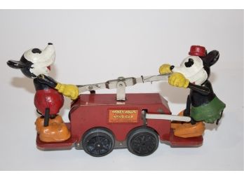 Antique Lionel Mickey Mouse Hand Car Train Cart With Train Tracks & Fence