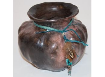 Native American-style Ribbed Pottery Bowl W/ Scarab & Feather Accents