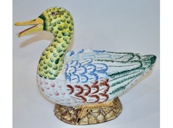 Large Italian Vietri Hand Painted Porcelain Duck Covered Serving Dish