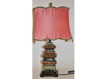 Chinese Painted Pagoda Lamp W/ Satin Shade