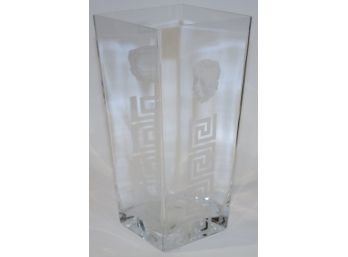 Etched Glass Greek Key & Lion Head Motif Vase, Made In Poland