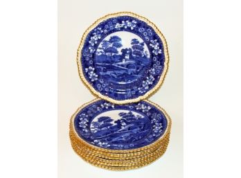 Seven 9' Copeland Spodes Tower Blue & White Porcelain Plates W/ Gilded Rim For Tiffany & Co New York