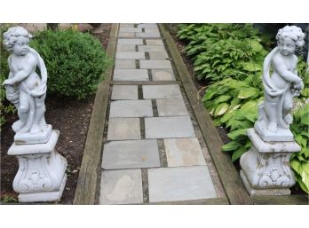 Pair Of Outdoor Cement Cherub Statues On Base