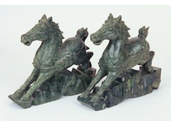 Green Carved Jadeite Horses -A Pair