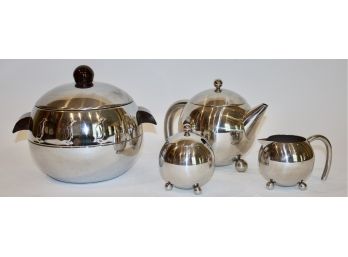 3pc Modernist Chrome Tea Set Along With West Bend Penguin Ice Bucket
