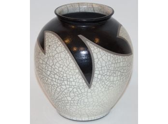 Crackle Glazed Black & White Ceramic Vase, Artist Signed