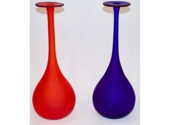Pair Of 14.5' Red & Cobalt Art Glass Vases
