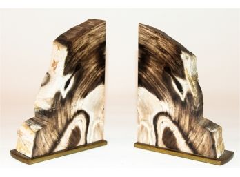 Pair Of Mid-Century Modern Petrified Wood & Brass Bookends