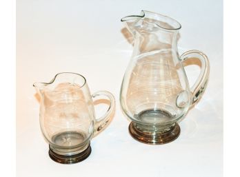 Two Glass Pitchers W/ Sterling Silver Bases By Frank Whiting And Wallace