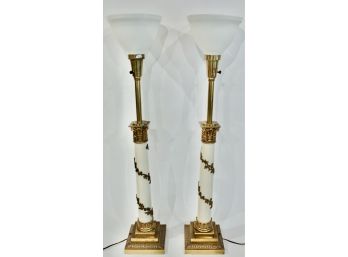 Pair Of Stiffel Brass Column Form Table Lamps W/ Applied Grape Vines