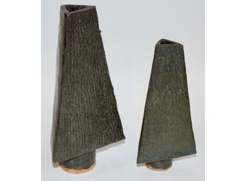 Pair Of Mid-Century Modern Brutalist Glazed Ceramic Textured Vases