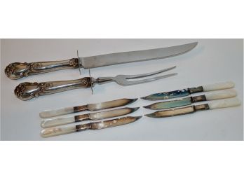 Gorgeous 2pc Sterling Silver Carving Set W/ 6 Mother Of Pearl/SS Collared Knives