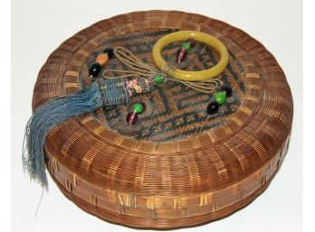 Chinese Basketweave Sewing Box W/ Hardstone & Coin Applications