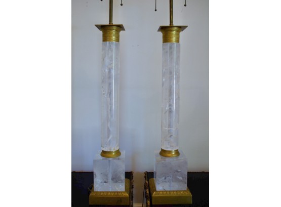 Spectacular Pair Ormolu Mounted Rock Crystal Column Form Table Lamps