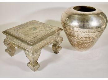 Hammered Silver Brass Vase Along With A Hammered Brass Over Wood Stand