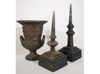 Two Metal Decorative Spikes Along  With Footed Ceramic Vase