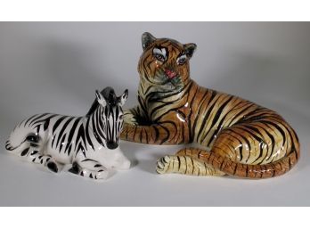 Two Italian Hand Painted Porcelain Animals, Tiger & Zebra