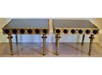 Pair Of Italian Brass And Smoked Glass Top End Tables