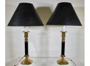 Pair Of Brass Two-light Candlestick Form Table Lamps W/ Faux Alligator Shade