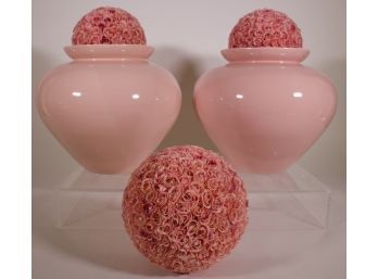 Two Pink Glazed Ceramic Vases W/ Three Rose Topiary Bouquets