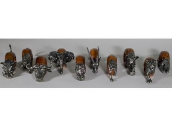 Set Of 10 Wood & Pewter Animal Napkin Rings