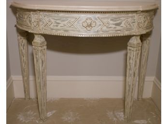 Louis XVI-Style Granite Top Distressed Silver Wood Demi-Lune Table
