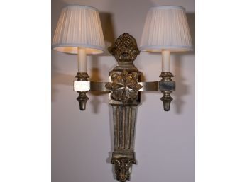 Pair Of Paul Ferrante Two-Light Carved Silvered Wood & Gesso Wall Sconces