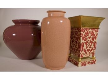 Decorator Lot: Haeger Porcelain Vase, Tole Planter, Crackle Glazed Porcelain Vase