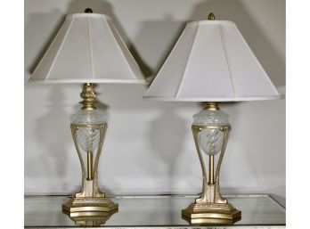 Pair Of Brass & Swirl Glass Gilt Metal Table Lamps
